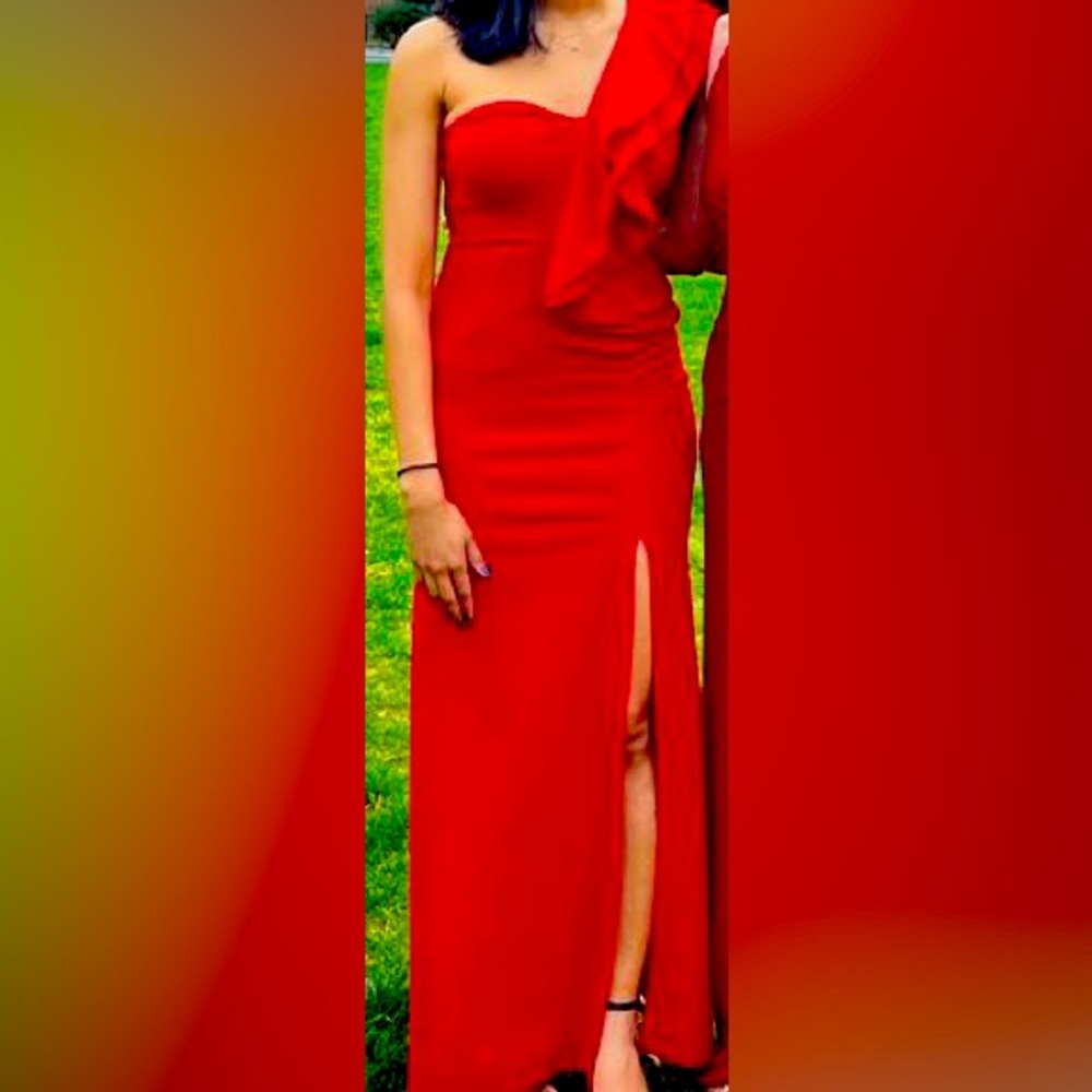 Red one-shoulder ball gown